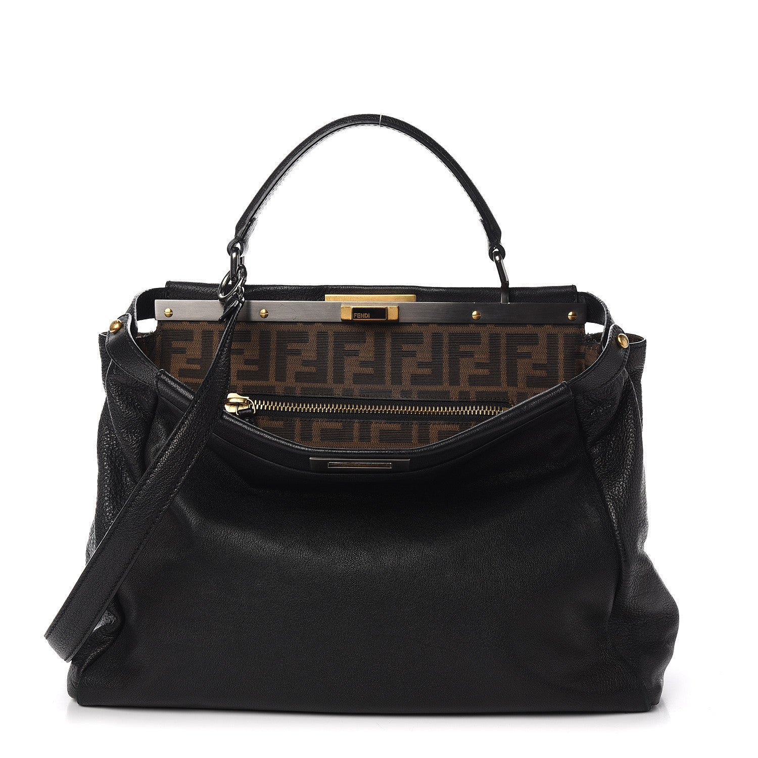 Fendi Goatskin Zucca Large Peekaboo Iconic Satchel Black Tobacco 1 of 14