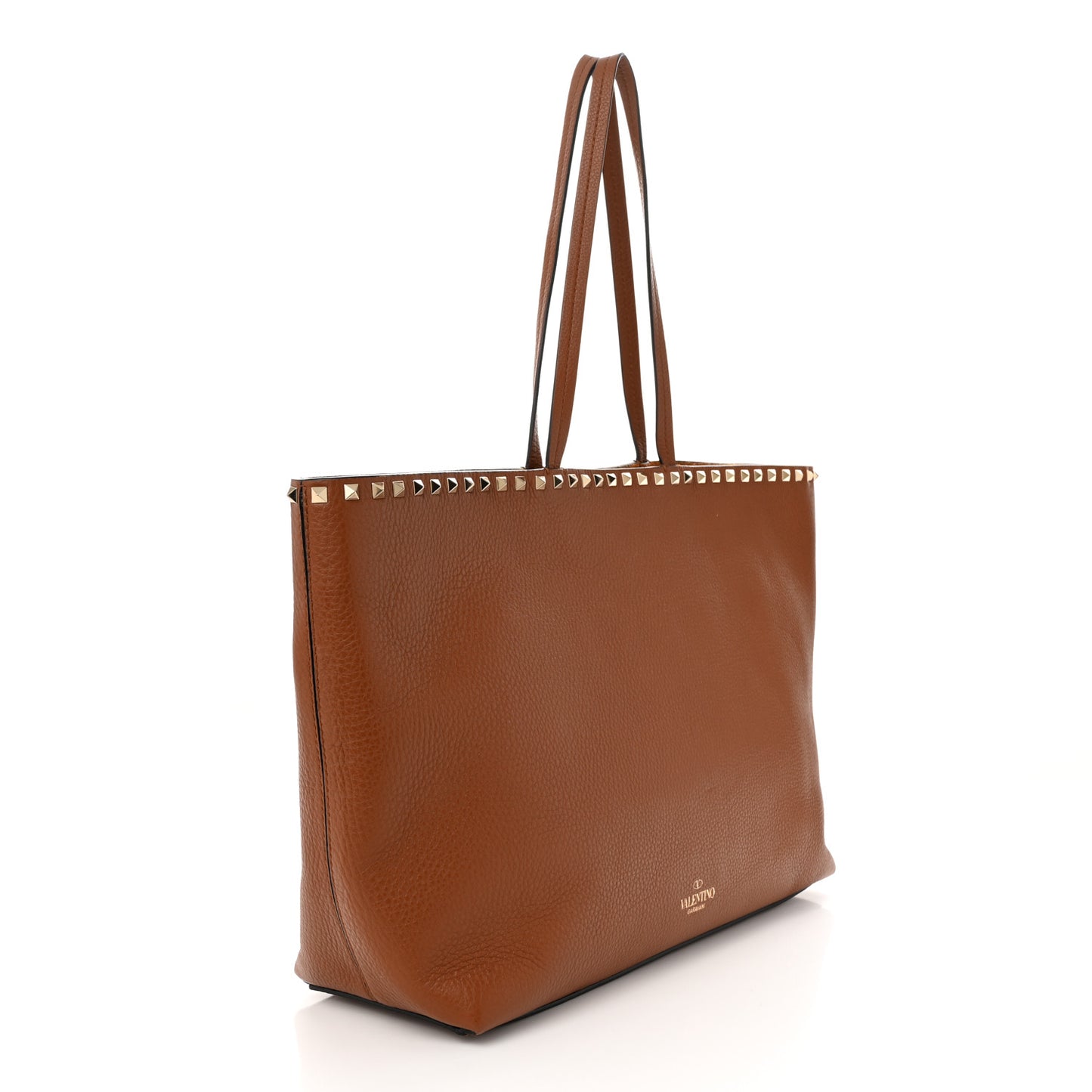 Grained Calfskin Rockstud Shoulder Tote Brown
