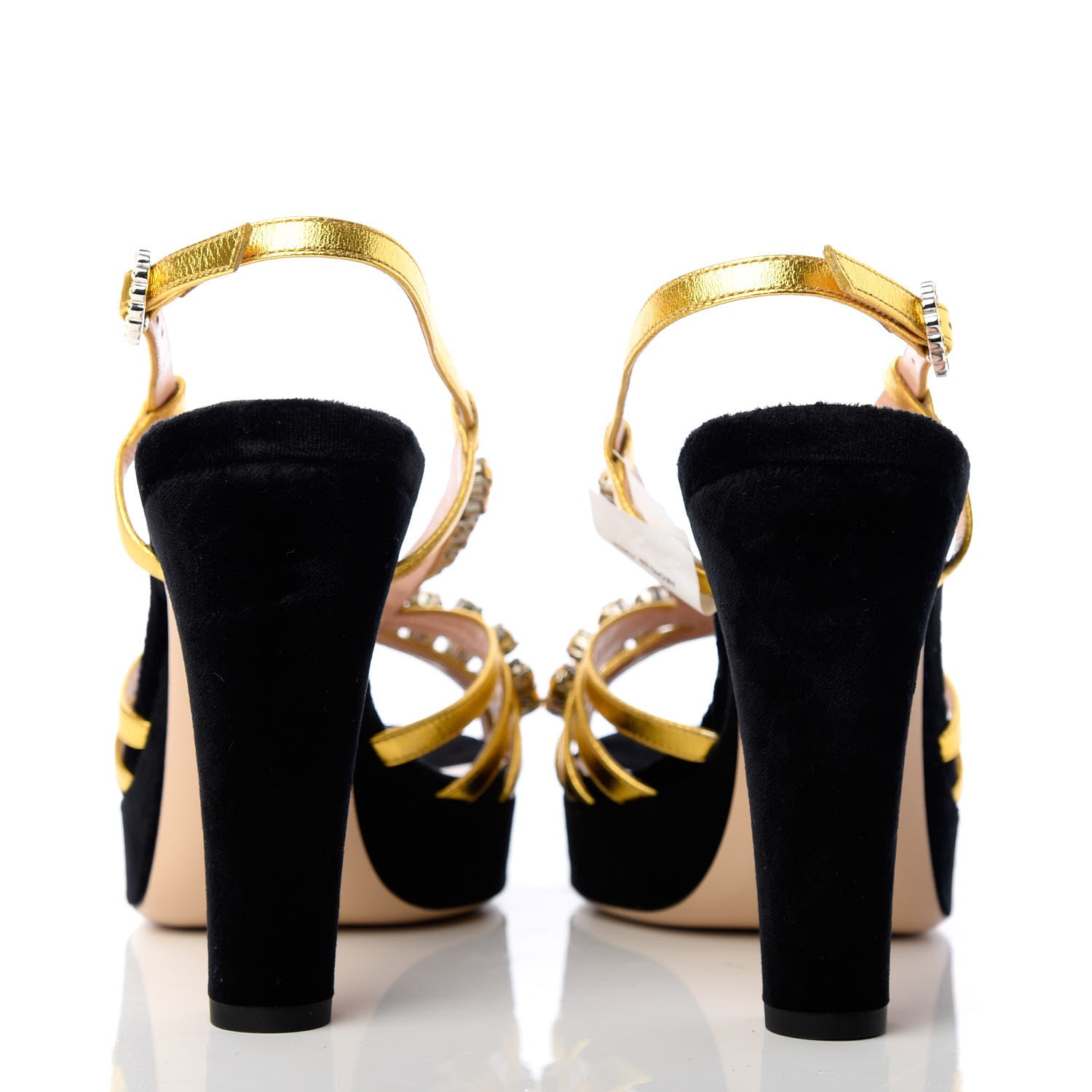 Gucci Velvet Nappa Crystal Zephyra Slingback Platform High Heel Sandals 38.5 Black Gold 7 of 9