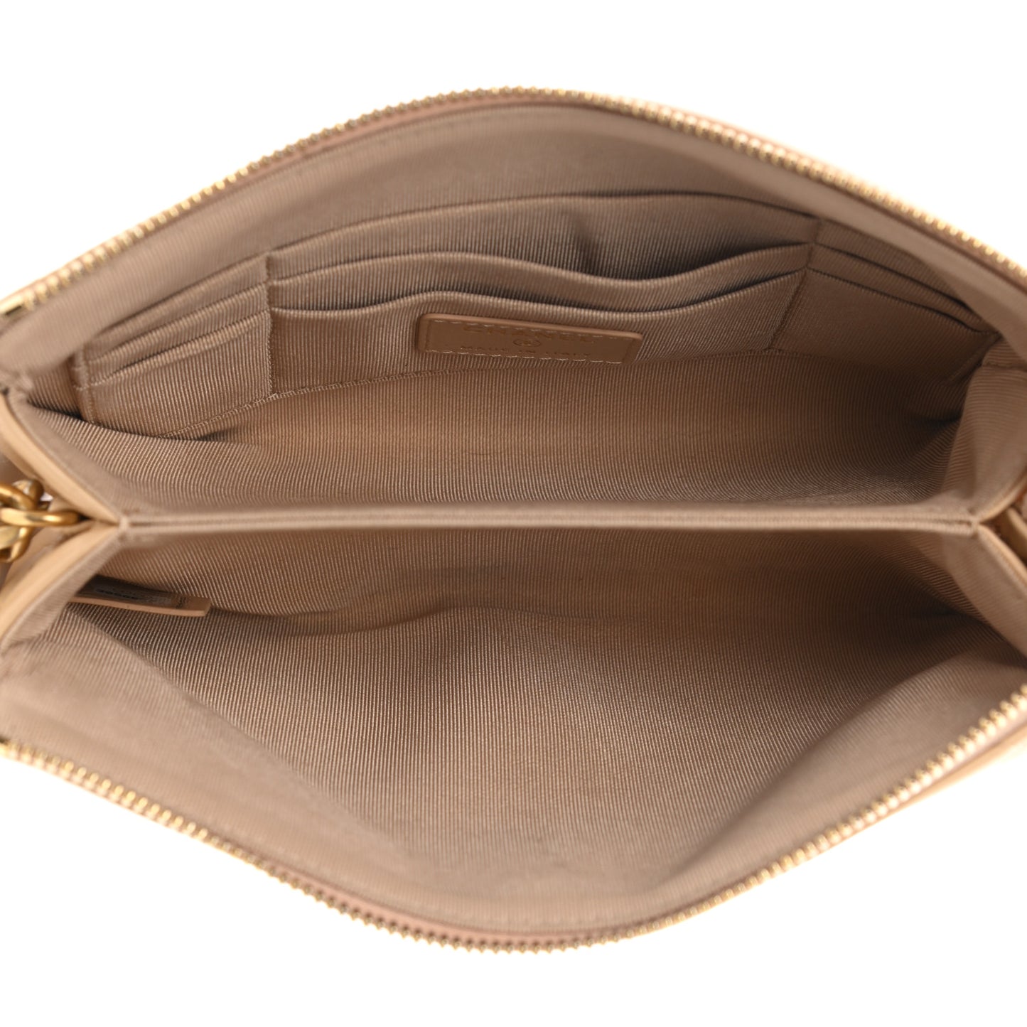 Shiny Goatskin Quilted Chanel 19 Small Pouch With Handle Beige