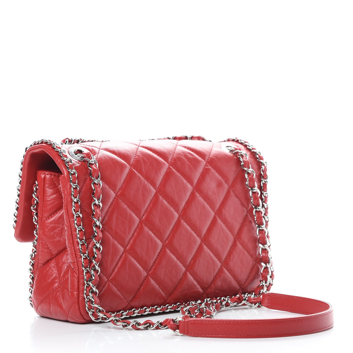 Crumpled Calfskin Medium Chain All Over Flap Red