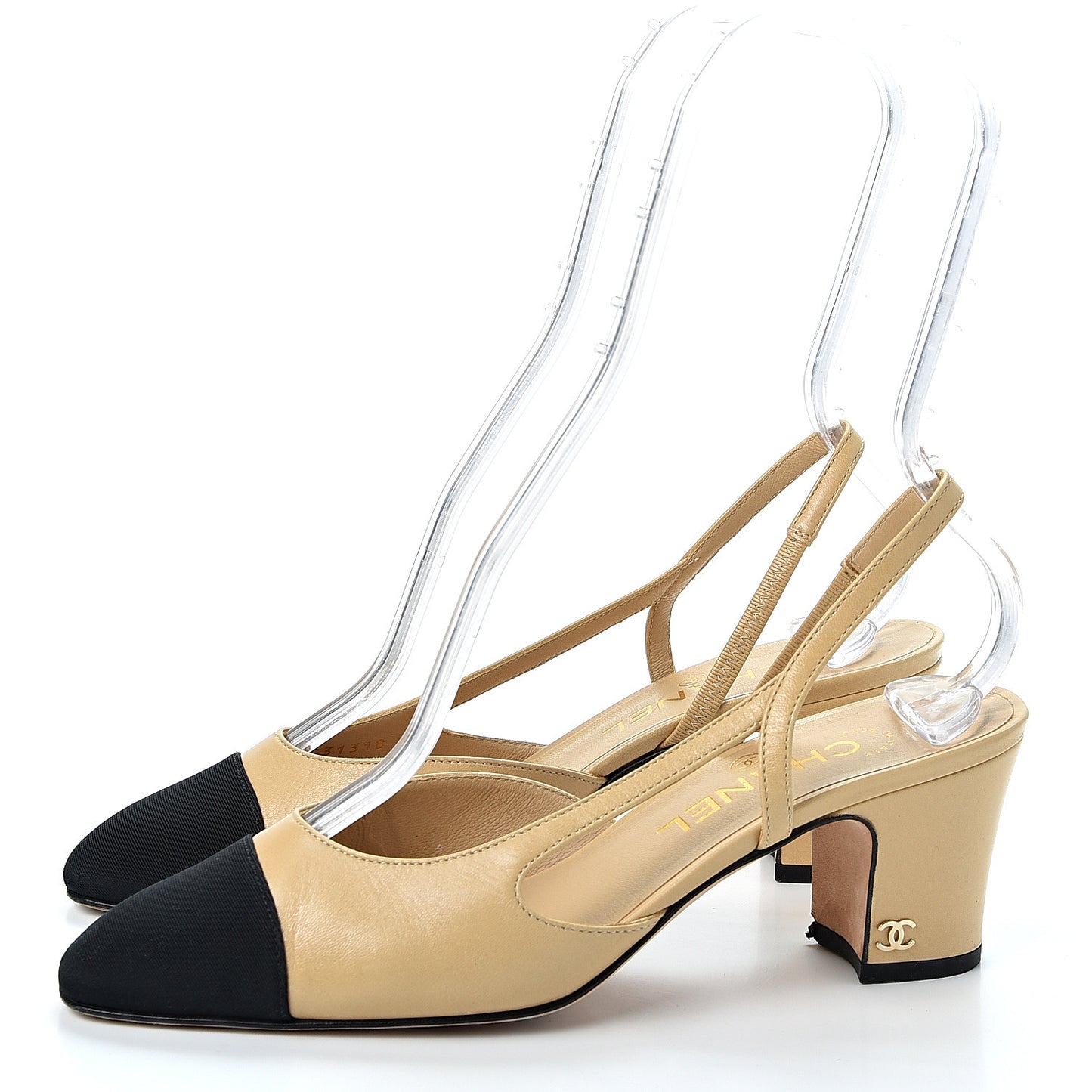 Goatskin Grosgrain Cap Toe CC Slingback Pumps 37 Beige Black
