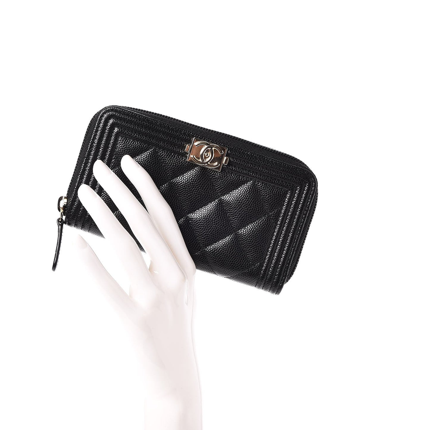 Caviar Quilted Boy Small Zip Around Wallet Black