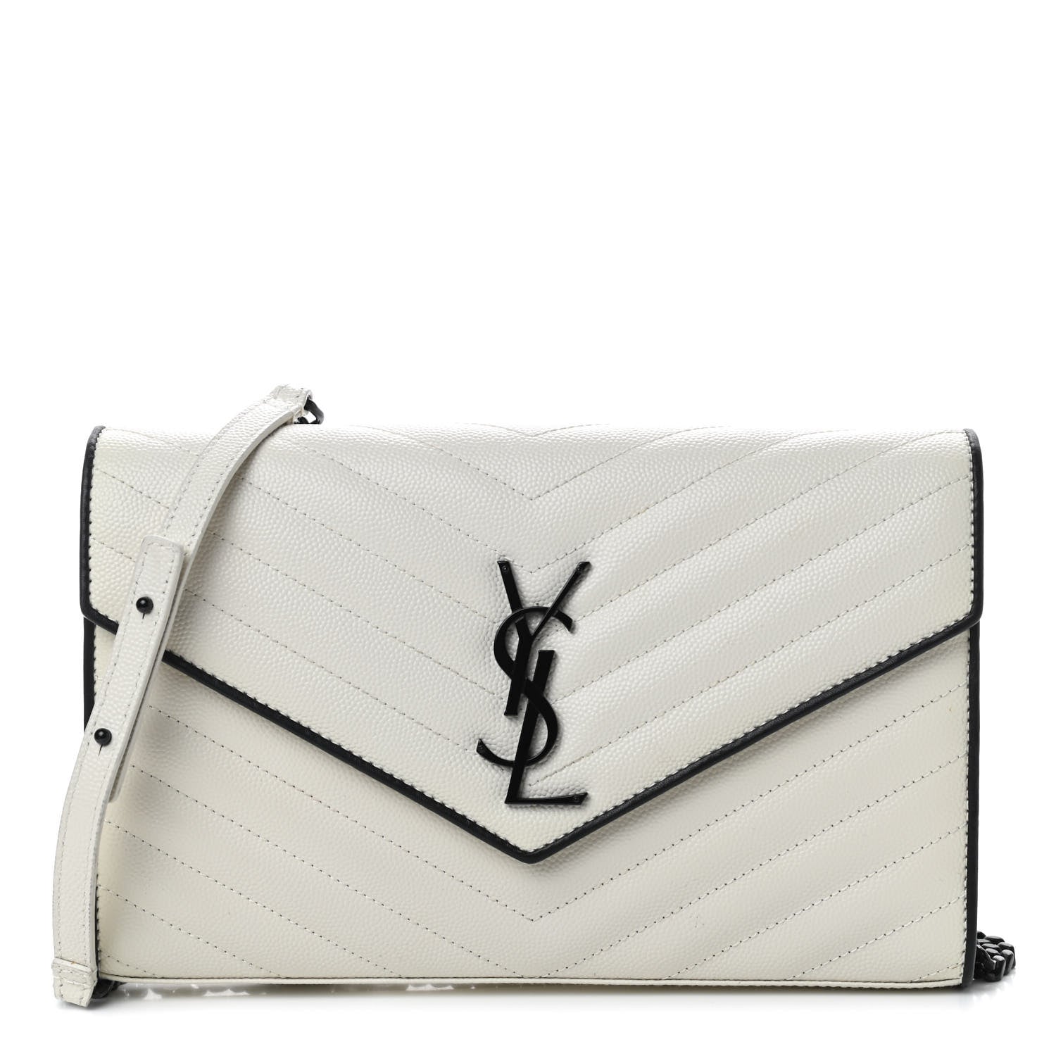 Saint Laurent Grain De Poudre Matelasse Monogram Chain Wallet White Black 1 of 11