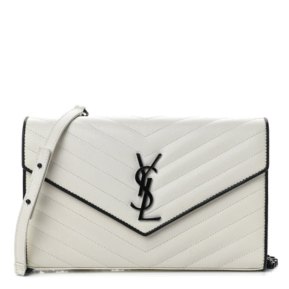 Saint Laurent Grain De Poudre Matelasse Monogram Chain Wallet White Black 1 of 11