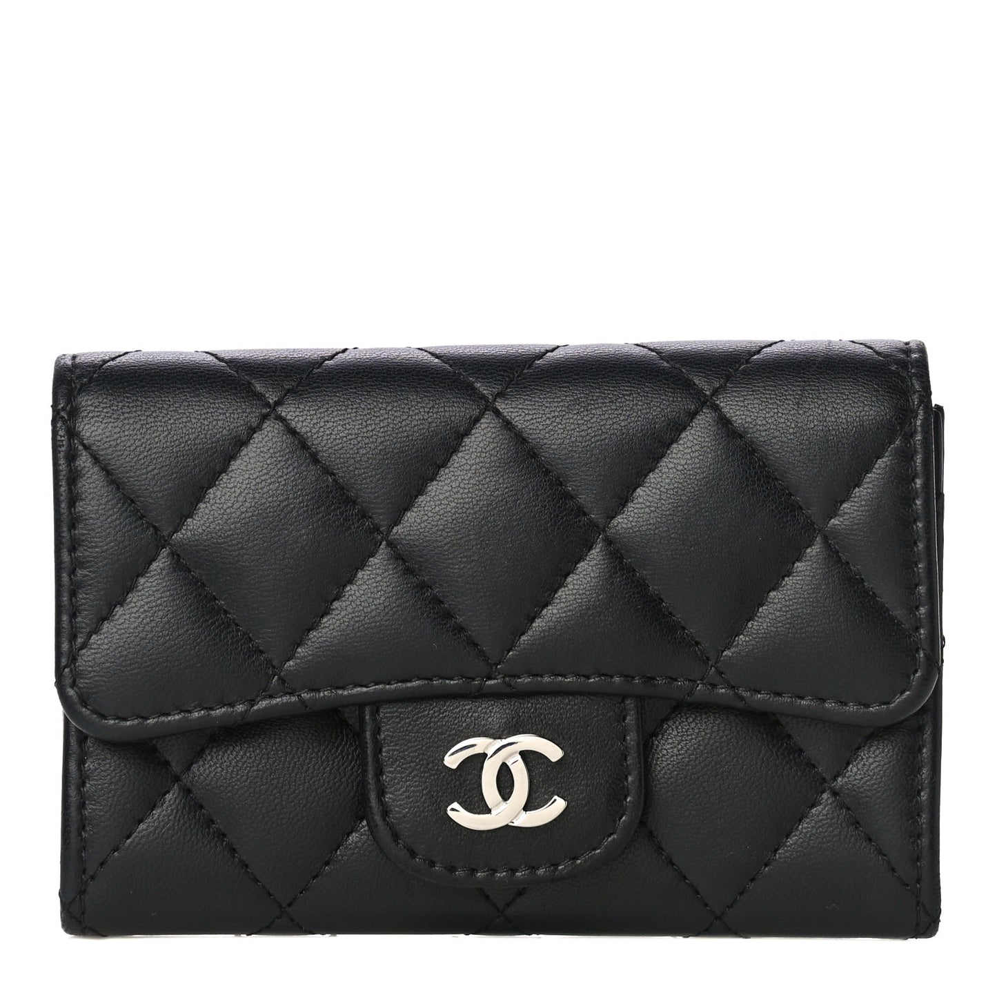 Lambskin Quilted Flap Card Holder Black