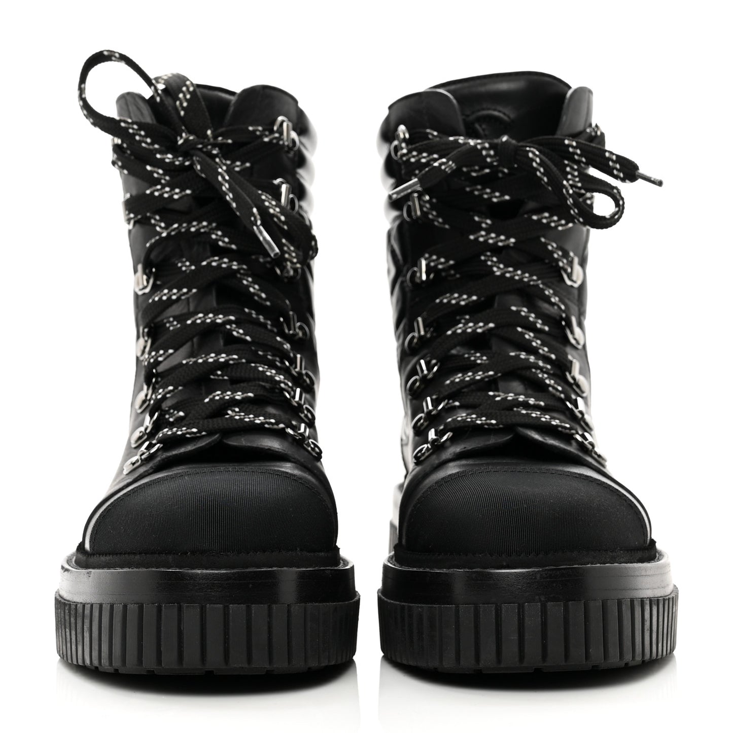 Calfskin Grosgrain Quilted Lace Up Boots 37.5 Black Grey