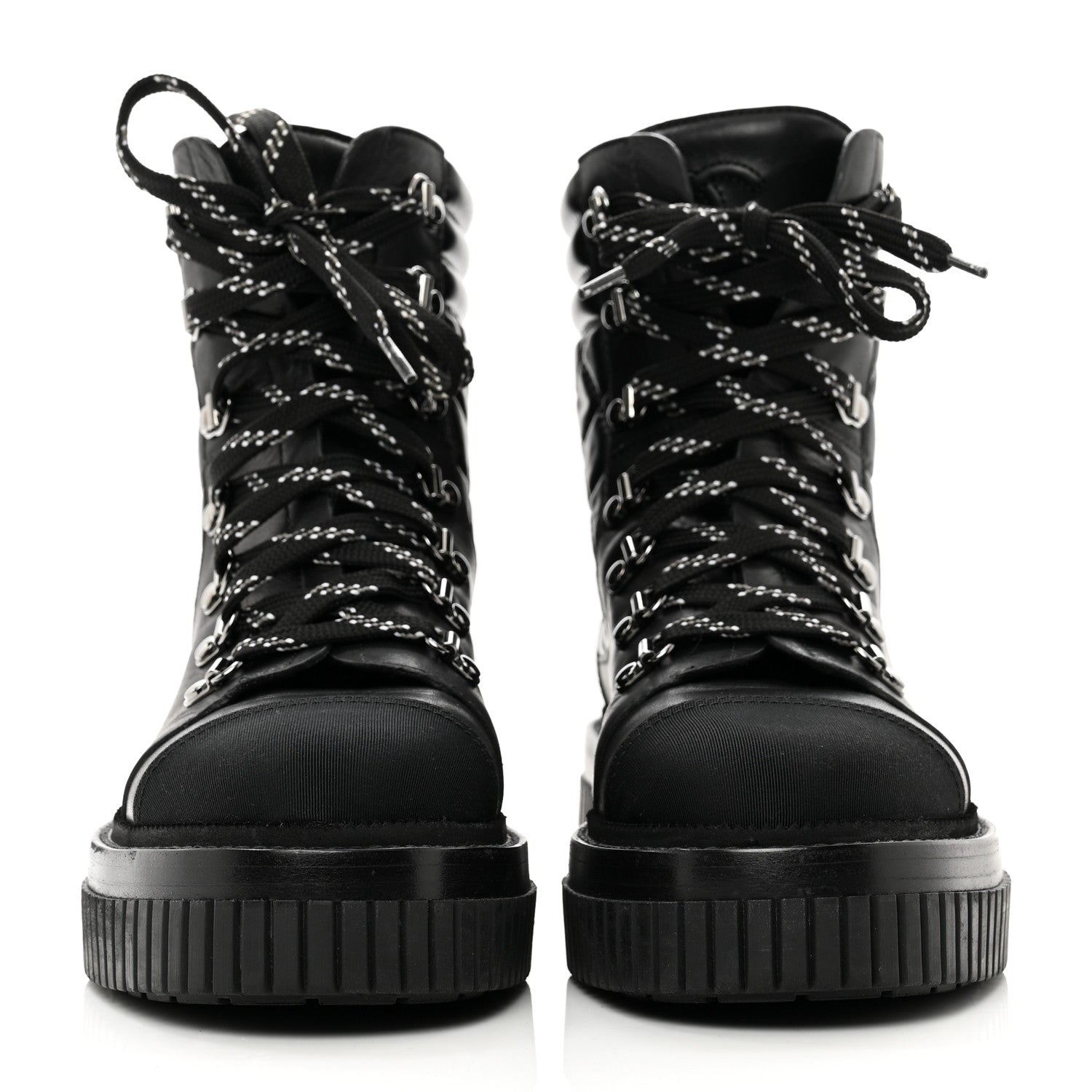 Chanel Calfskin Grosgrain Quilted Lace Up Boots 37.5 Black Grey 2 of 8