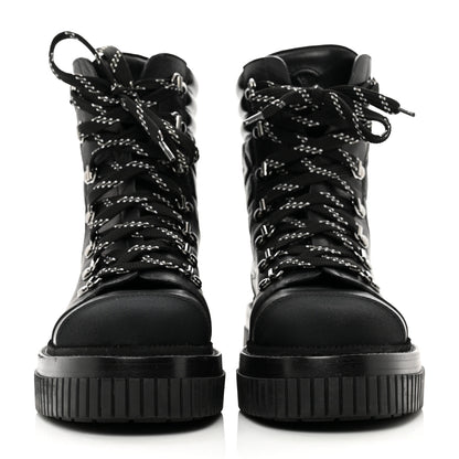 Chanel Calfskin Grosgrain Quilted Lace Up Boots 37.5 Black Grey 2 of 8