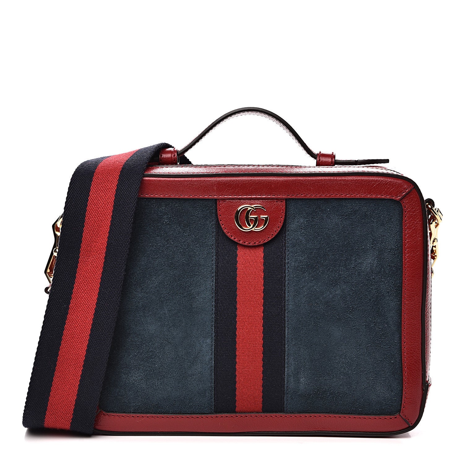 Gucci Suede Calfskin Web Small Ophidia Top Handle Shoulder Bag New Blue Romantic Cherry 1 of 12