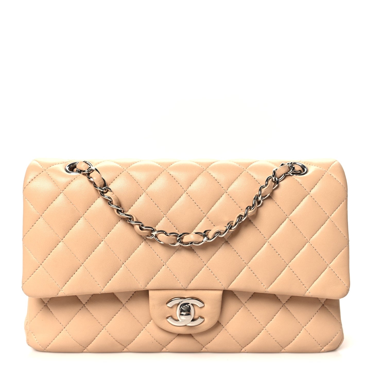 Lambskin Quilted Medium Double Flap Beige