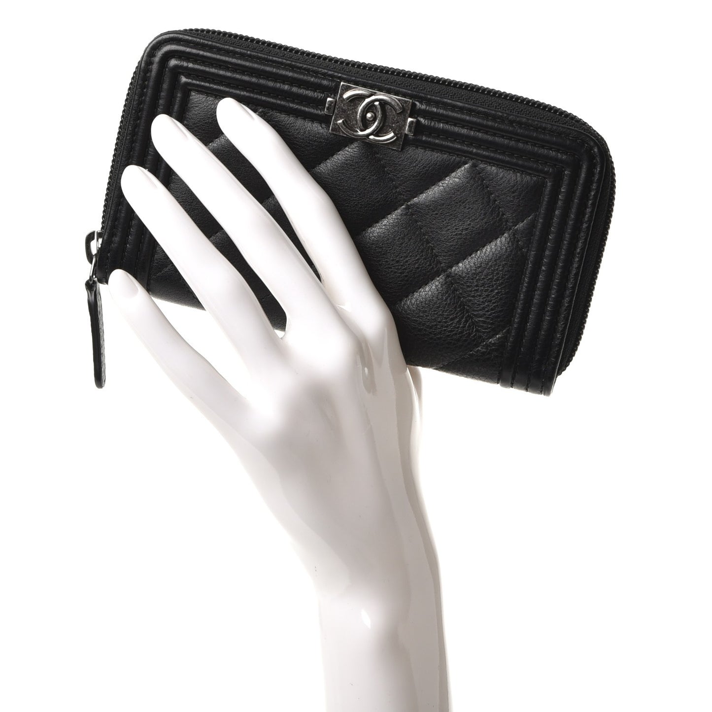 Calfskin Quilted Small Boy Zip Around Wallet Black