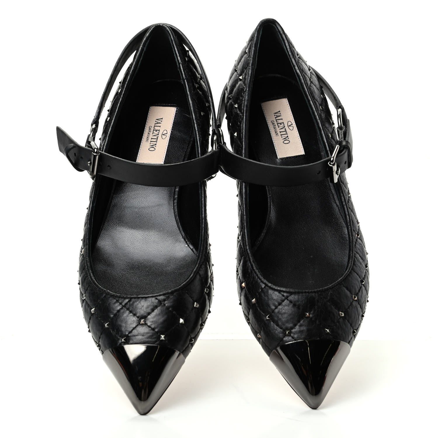 Valentino Garavani Crackled Lambskin Rockstud Spike Captoe Ballerina Flats 37 Black 5 of 10