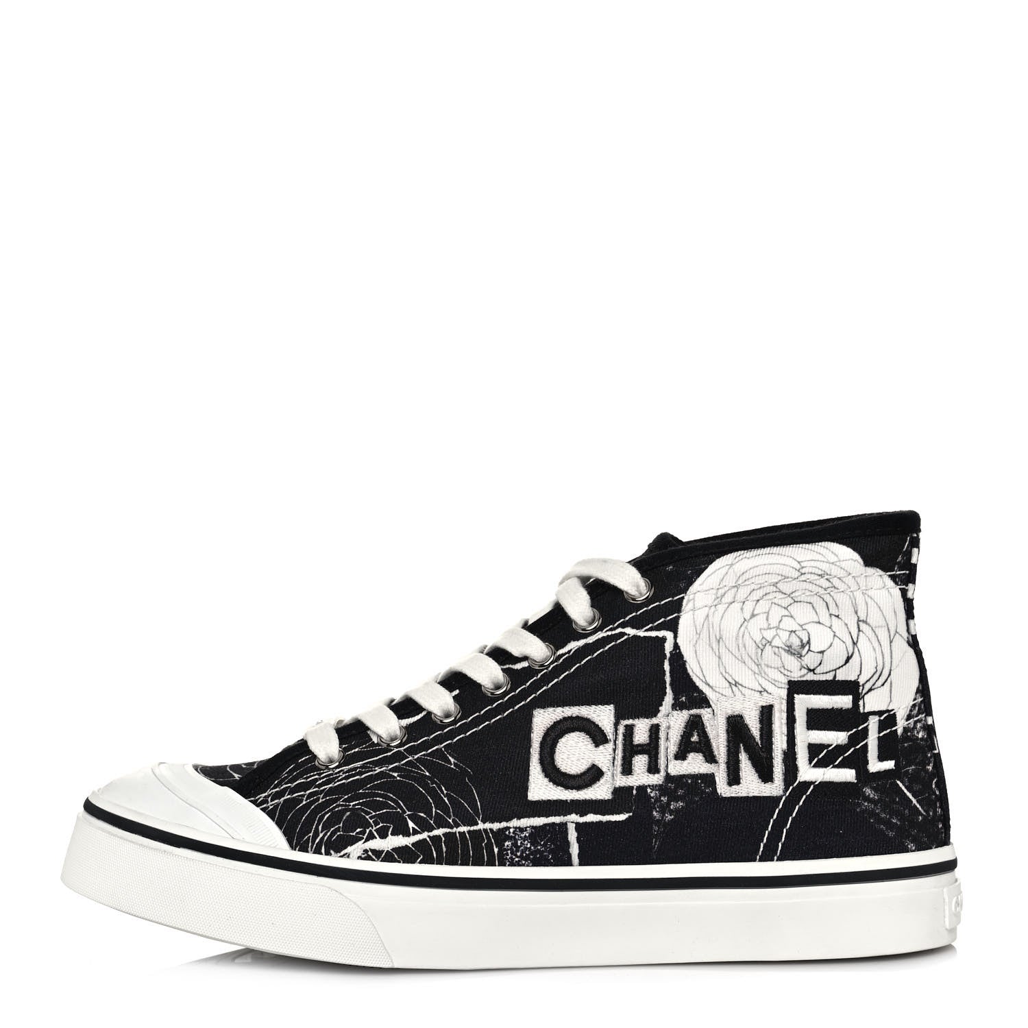 Chanel Printed Fabric High Top Logo Sneakers 39 White Black 1 of 7