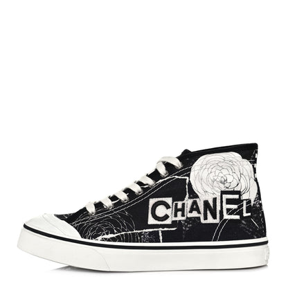 Chanel Printed Fabric High Top Logo Sneakers 39 White Black 1 of 7