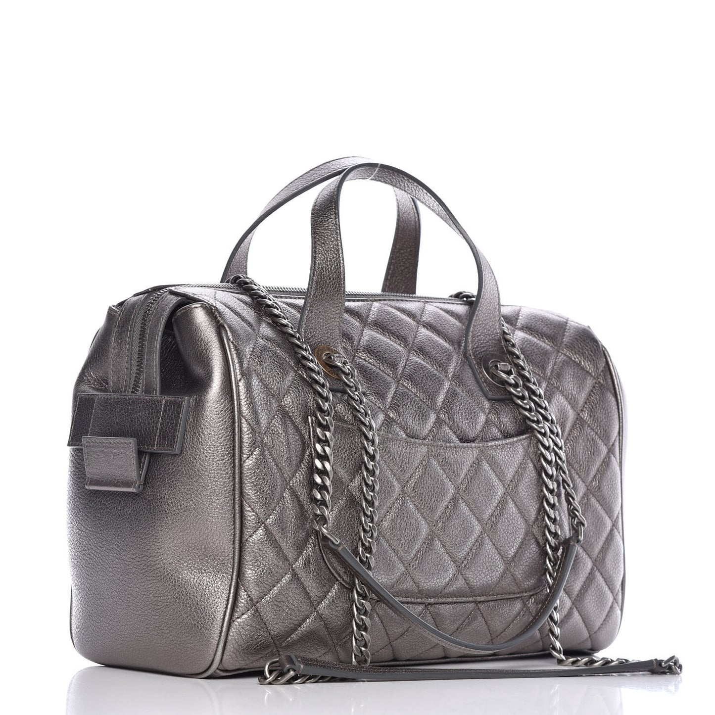 Metallic Grained Calfskin Quilted Large Casual Pocket Bowling Bag Silver