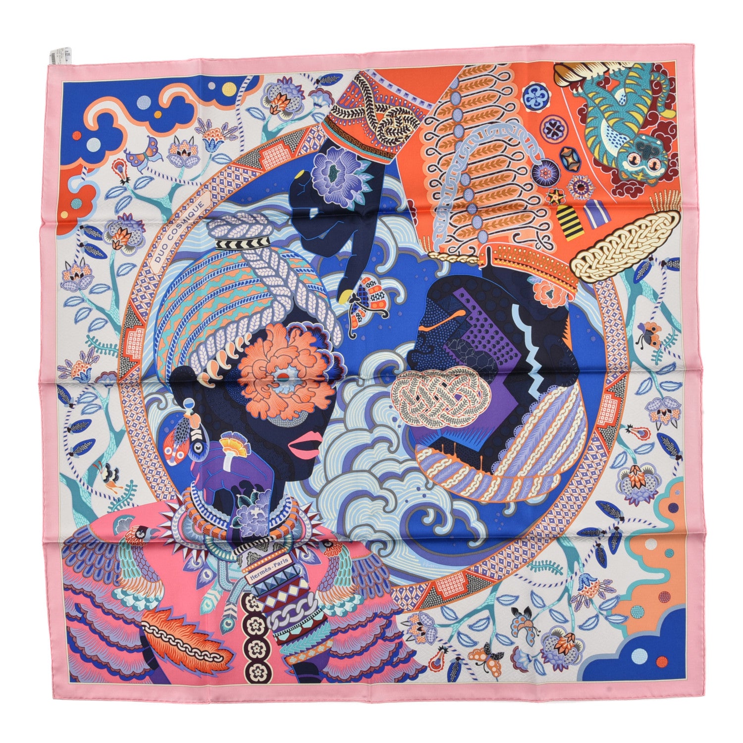 Hermes Silk Twill Duo Cosmique Scarf 90 Rose Pale Bleu Orange 1 of 3
