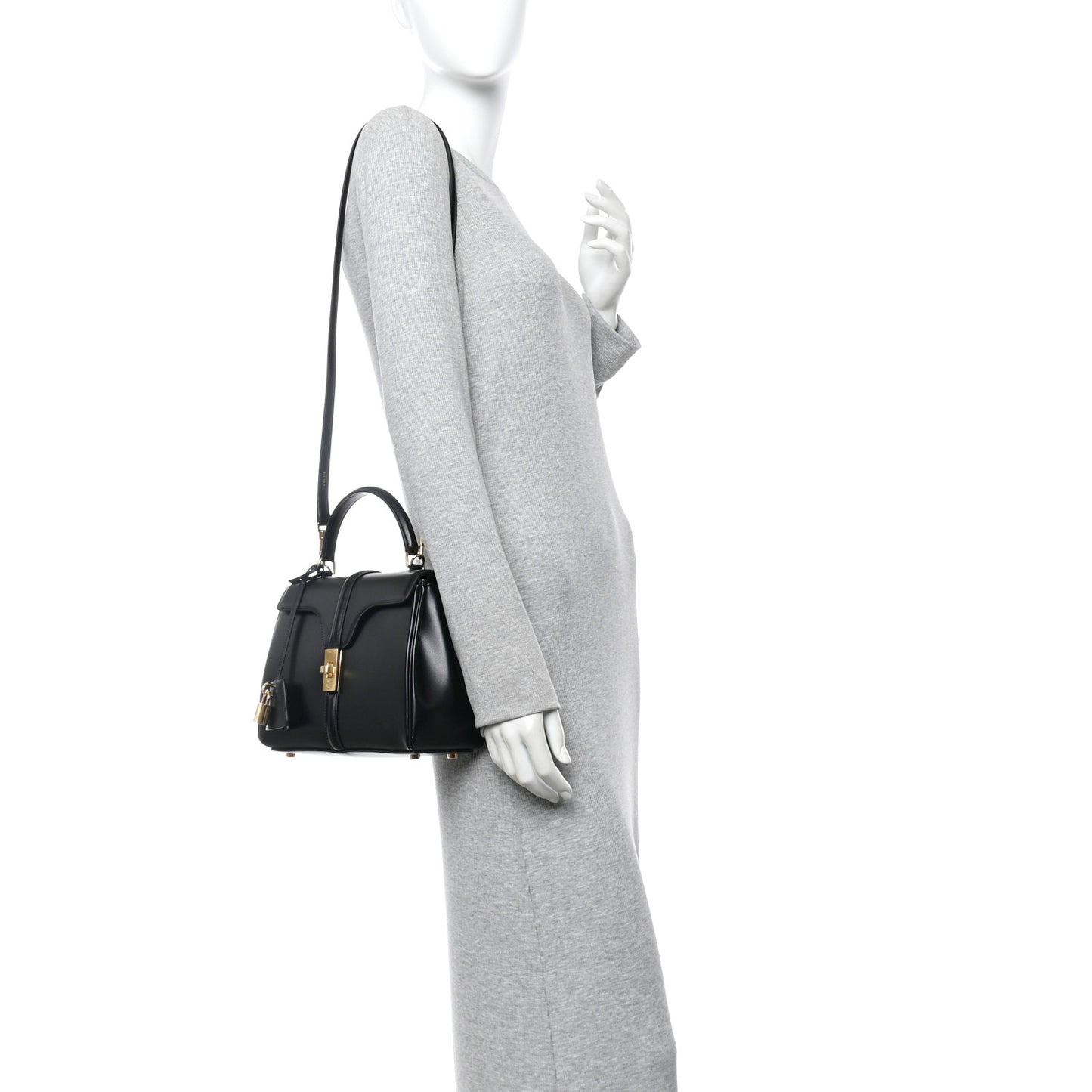 Satinated Calfskin Small 16 Top Handle Bag Black