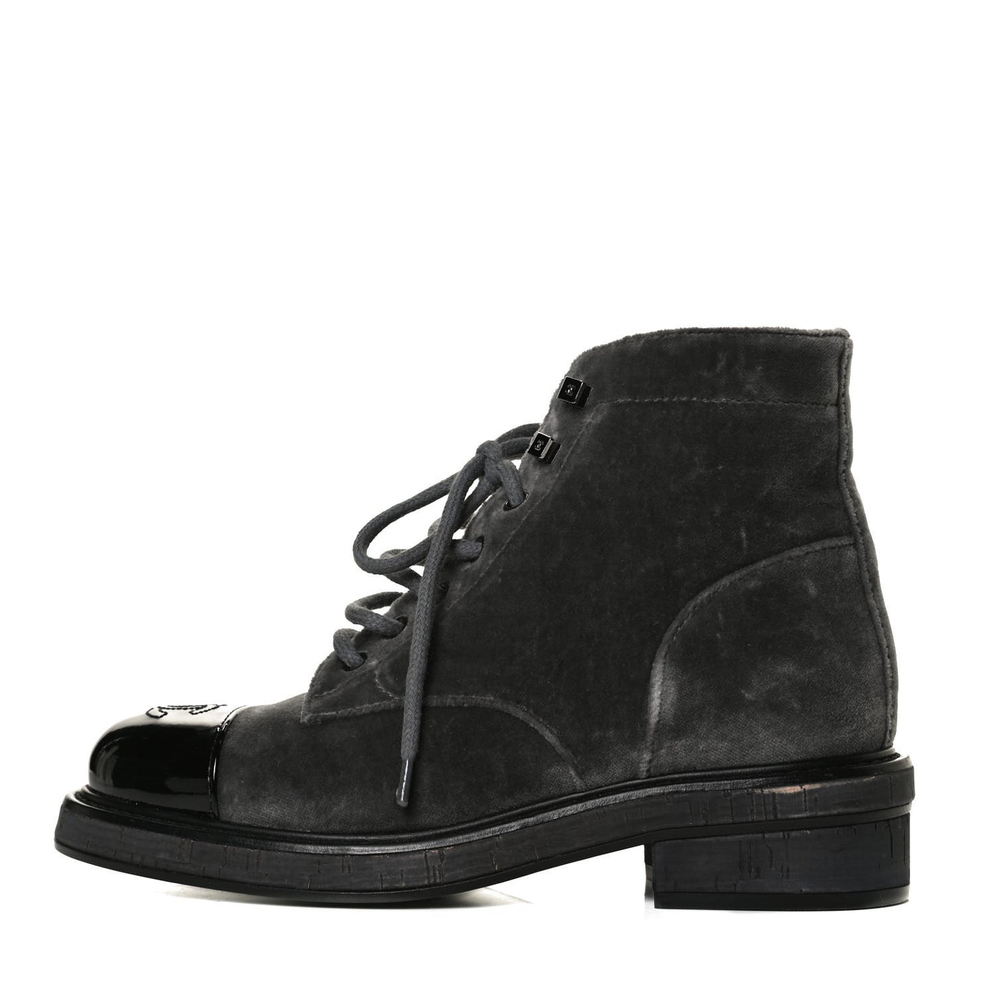 Velvet Patent Calfskin Lace Up Combat Boots 35.5 Grey Black