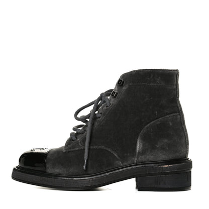 Chanel Velvet Patent Calfskin Lace Up Combat Boots 35.5 Grey Black 1 of 11
