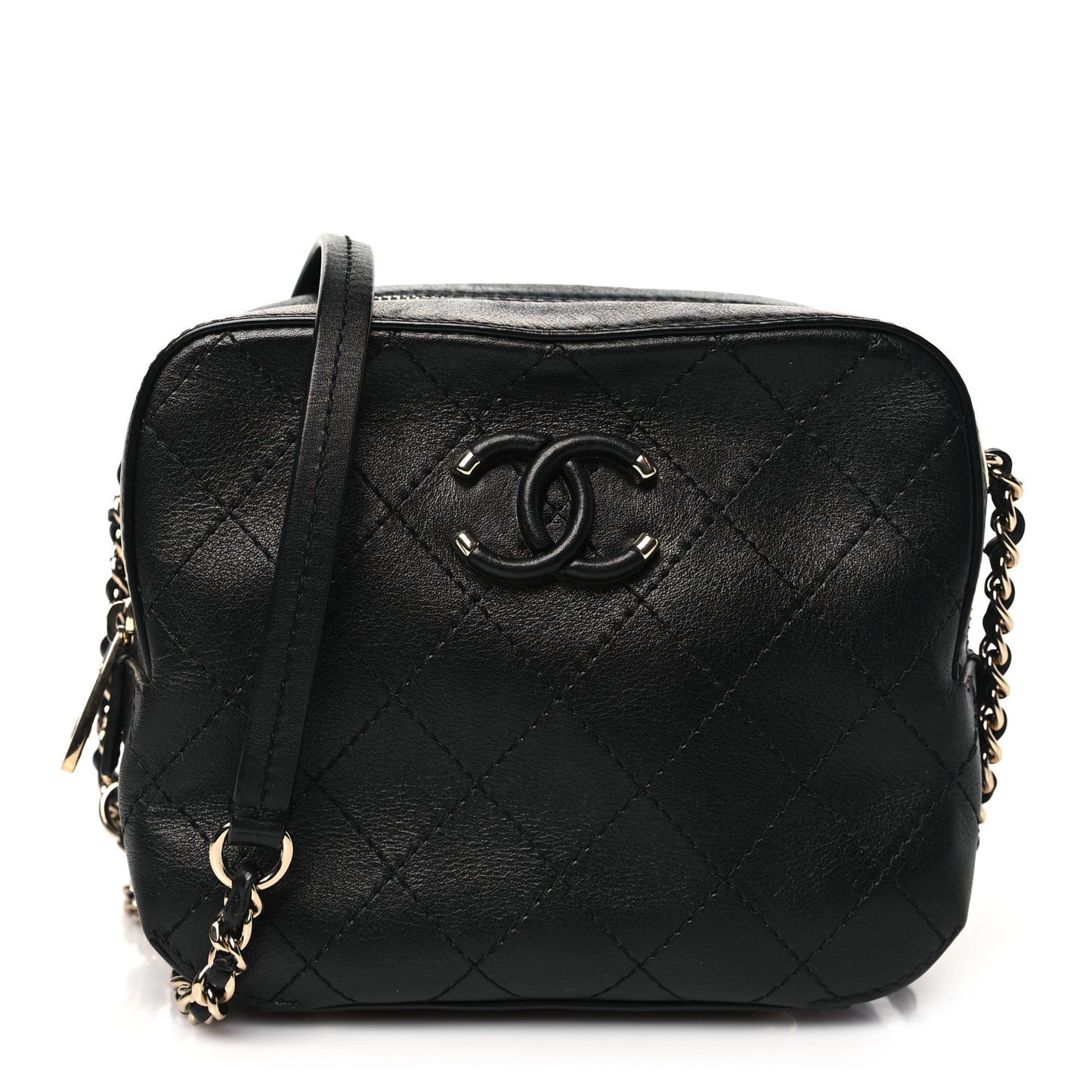 Calfskin Stitched Covered CC Camera Case Bag Black