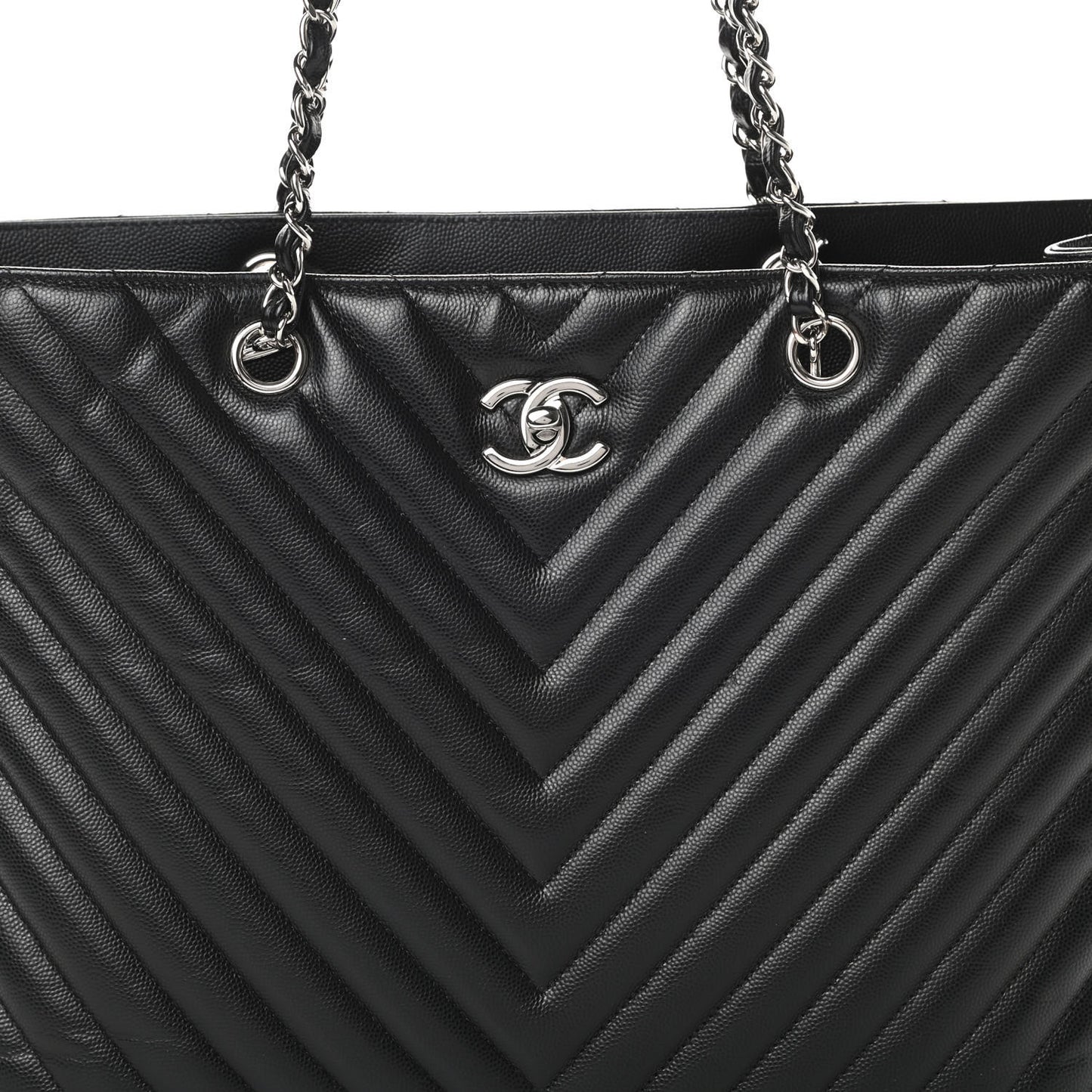Caviar Chevron Quilted Large Shopping Tote Black