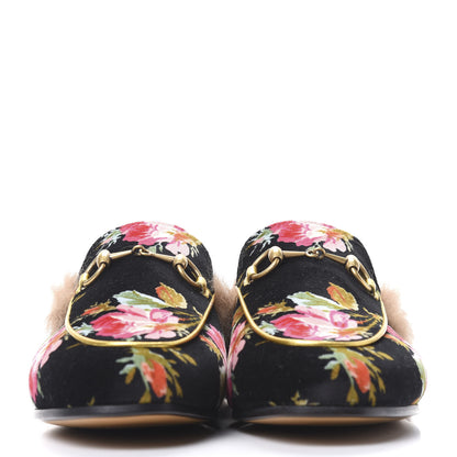 Gucci Velvet Fur Floral Womens Princetown Slippers 37 Black 2 of 8