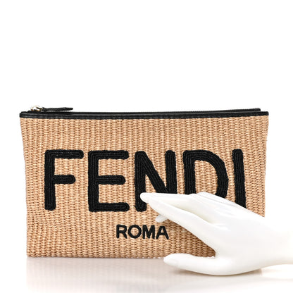 Fendi Straw Vitello King Logo Woven Medium Flat Pouch Paglia Black 2 of 6