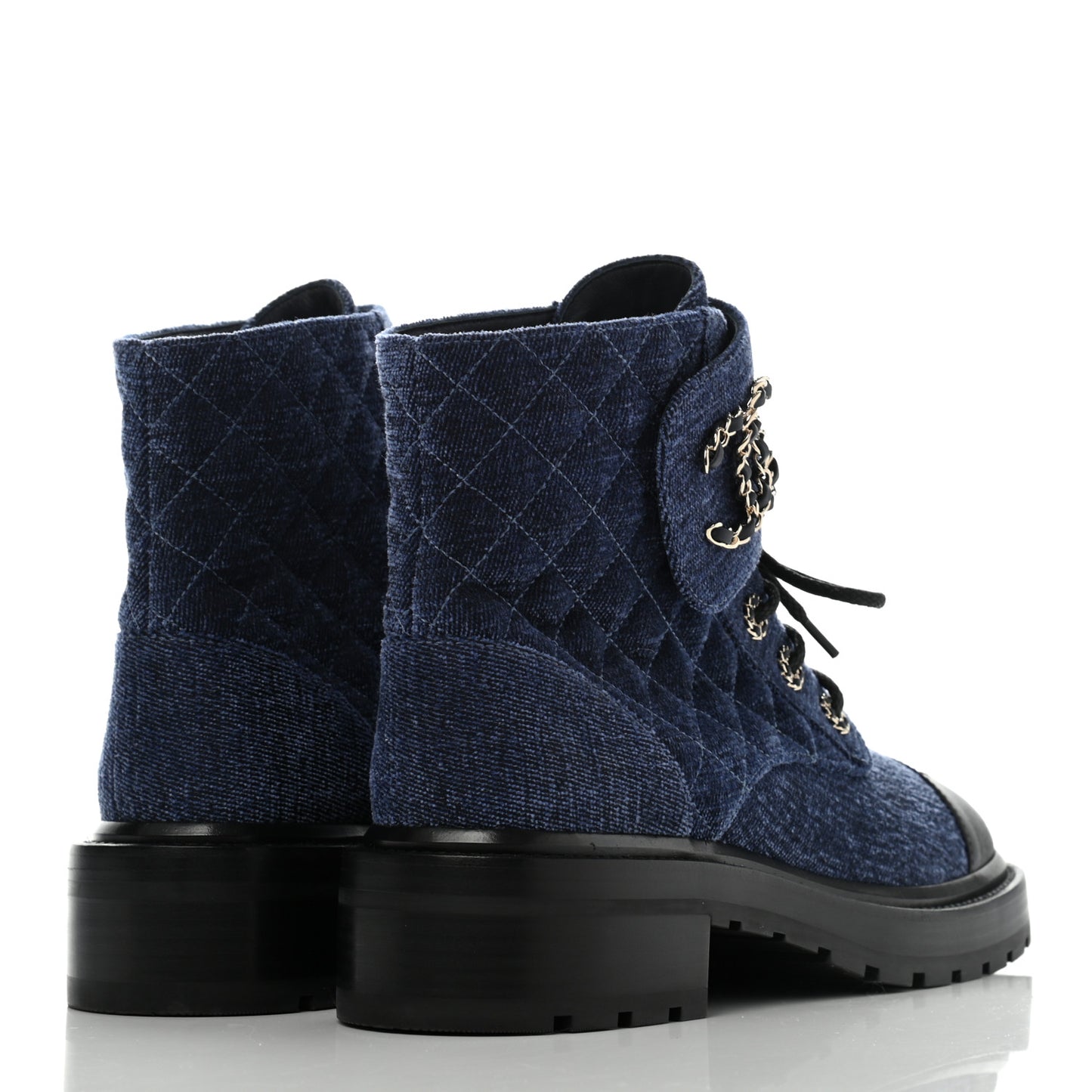 Shiny Calfskin Velvet Quilted Lace Up Combat Boots 40 Blue Black