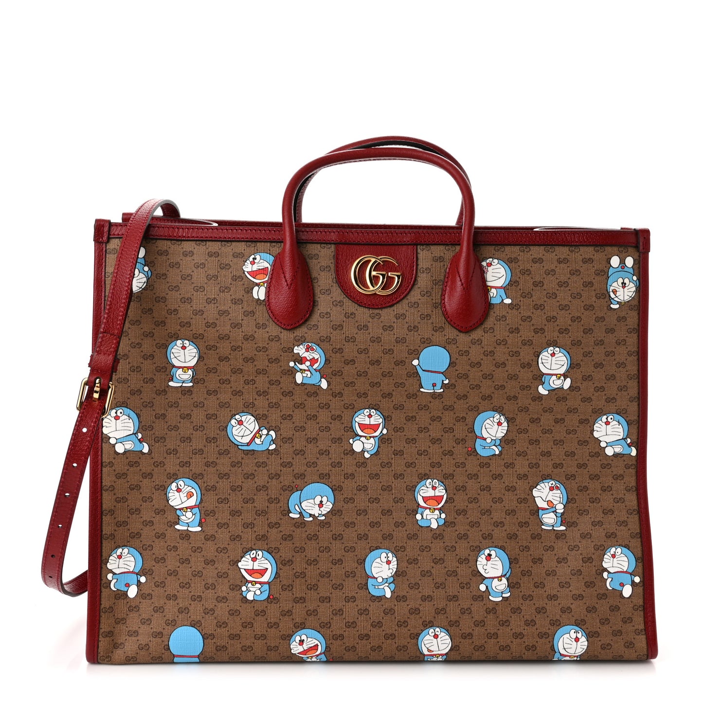X DORAEMON Mini Vintage GG Supreme Monogram Large Tote Bag Beige Cherry Red