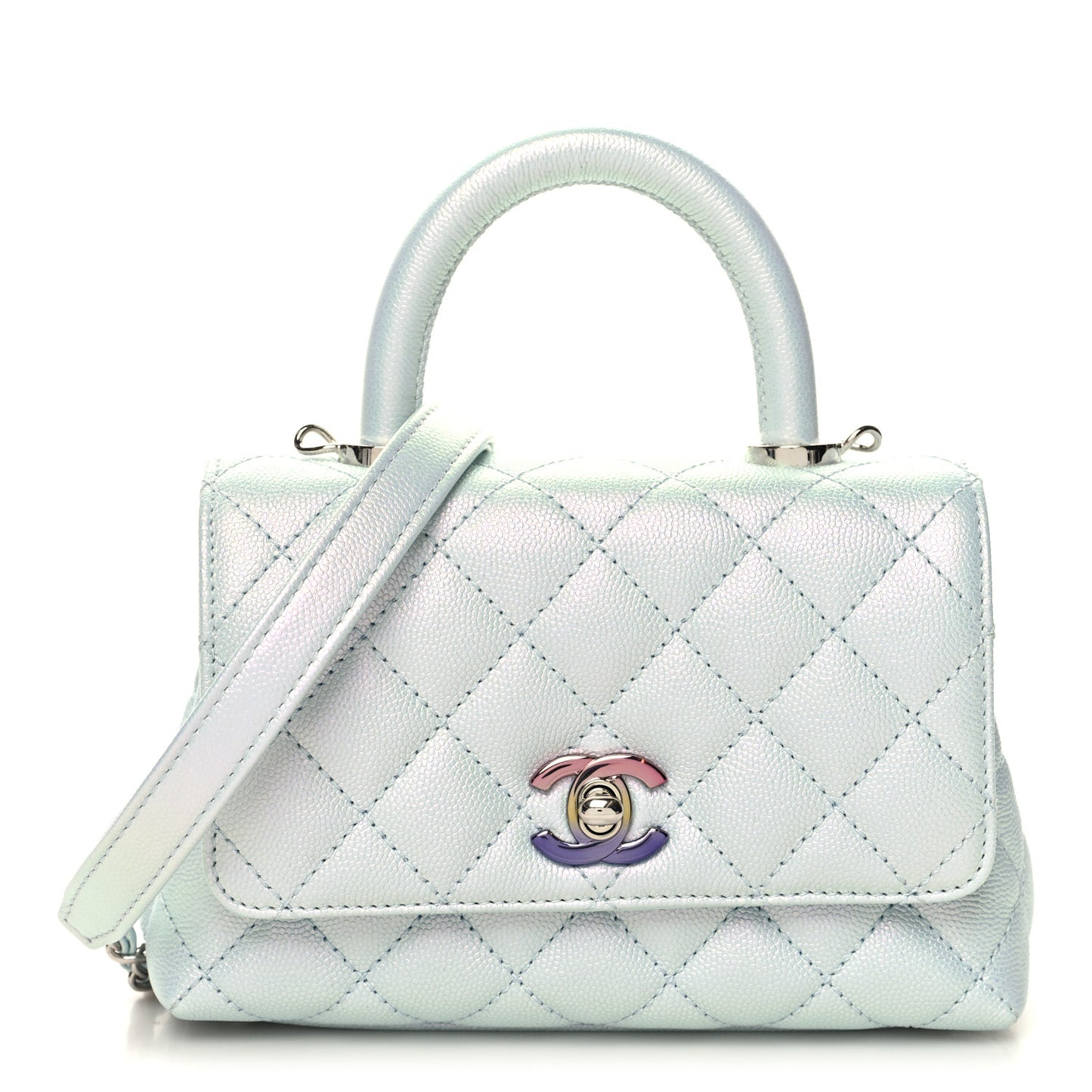 Iridescent Caviar Quilted Extra Mini Coco Handle Flap Light Blue