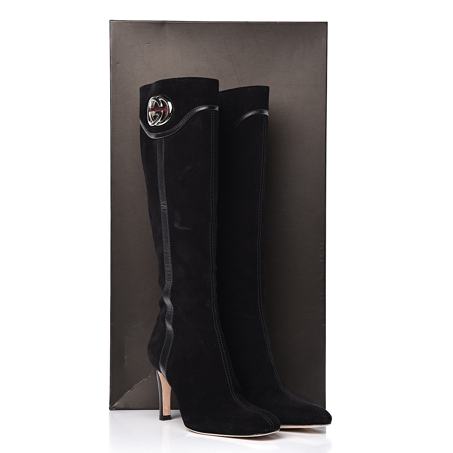 Gucci Suede Calfskin Interlocking G Knee High Web Boots 8 Black 12 of 12