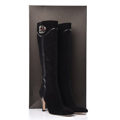 Gucci Suede Calfskin Interlocking G Knee High Web Boots 8 Black 12 of 12
