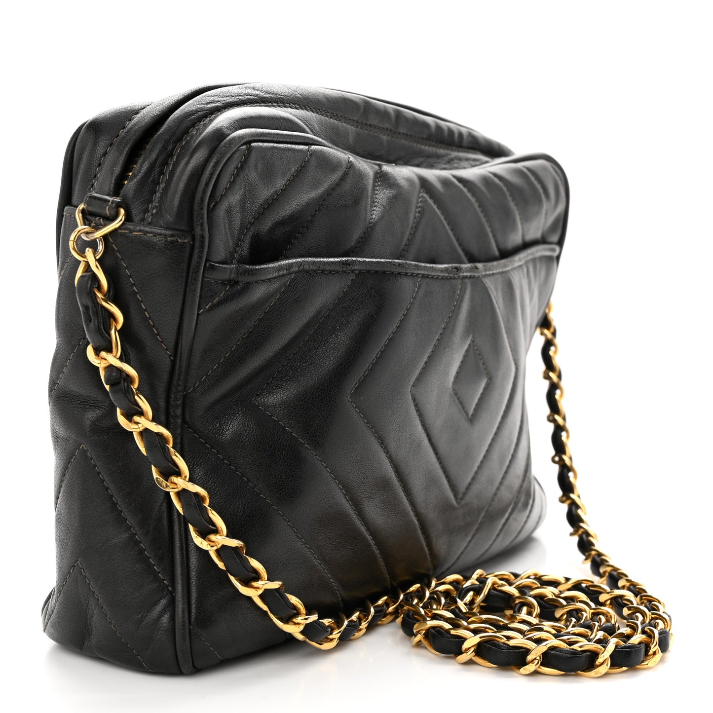 Lambskin Chevron Quilted Tassel Camera Case Black