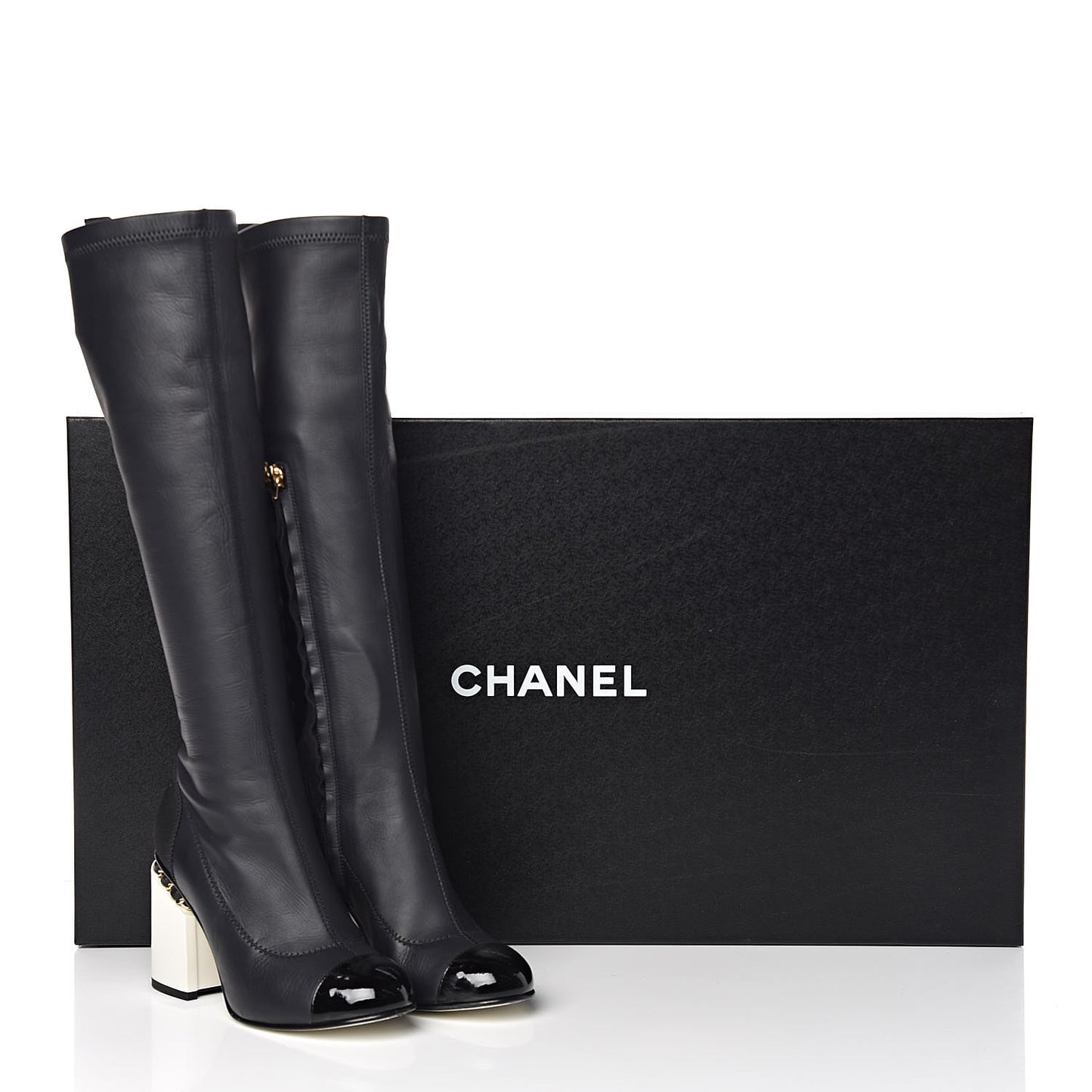 Calfskin Patent Grosgrain Chain Cap Toe High Boots 35 Black White