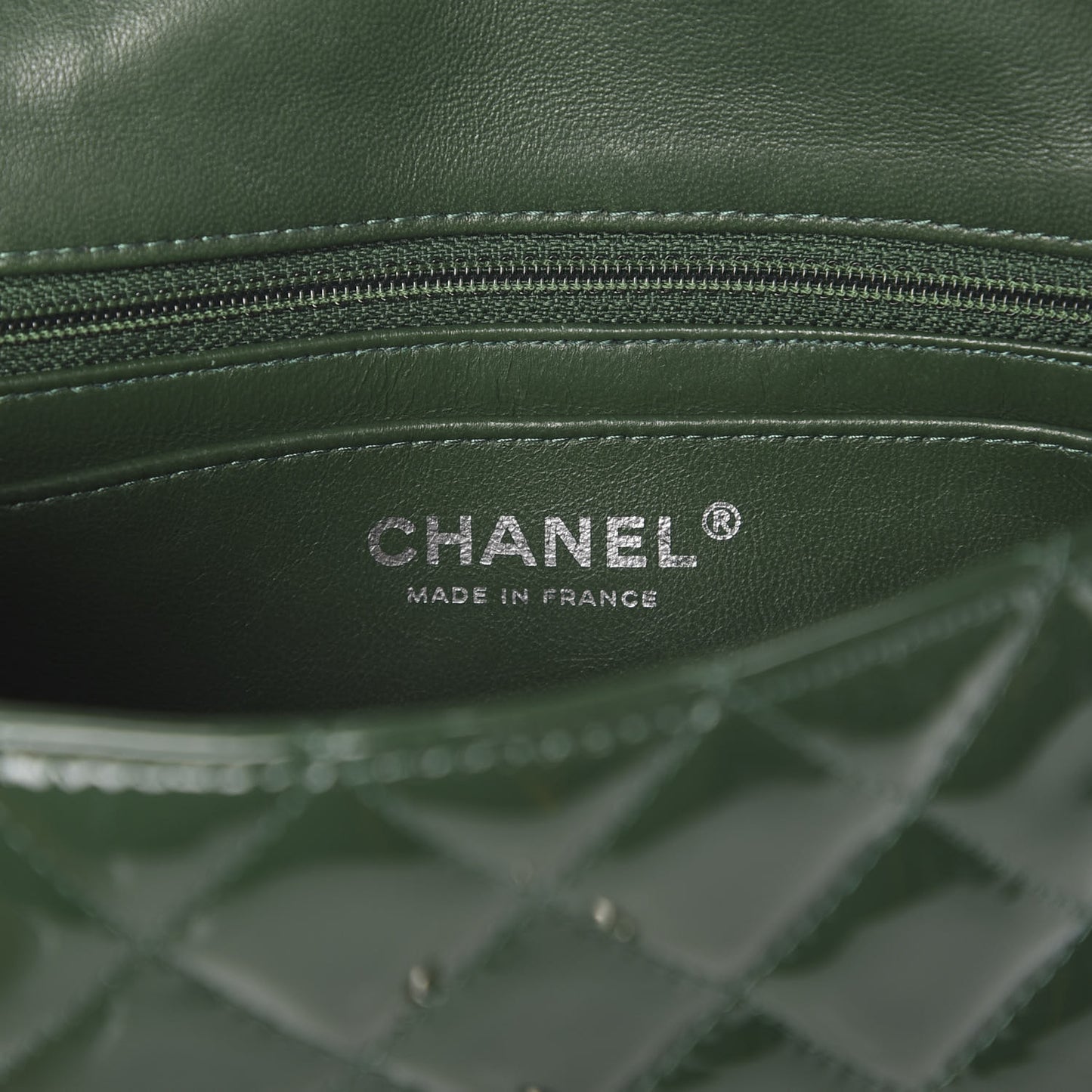 Patent Calfskin Quilted Mini Rectangular Flap Dark Green