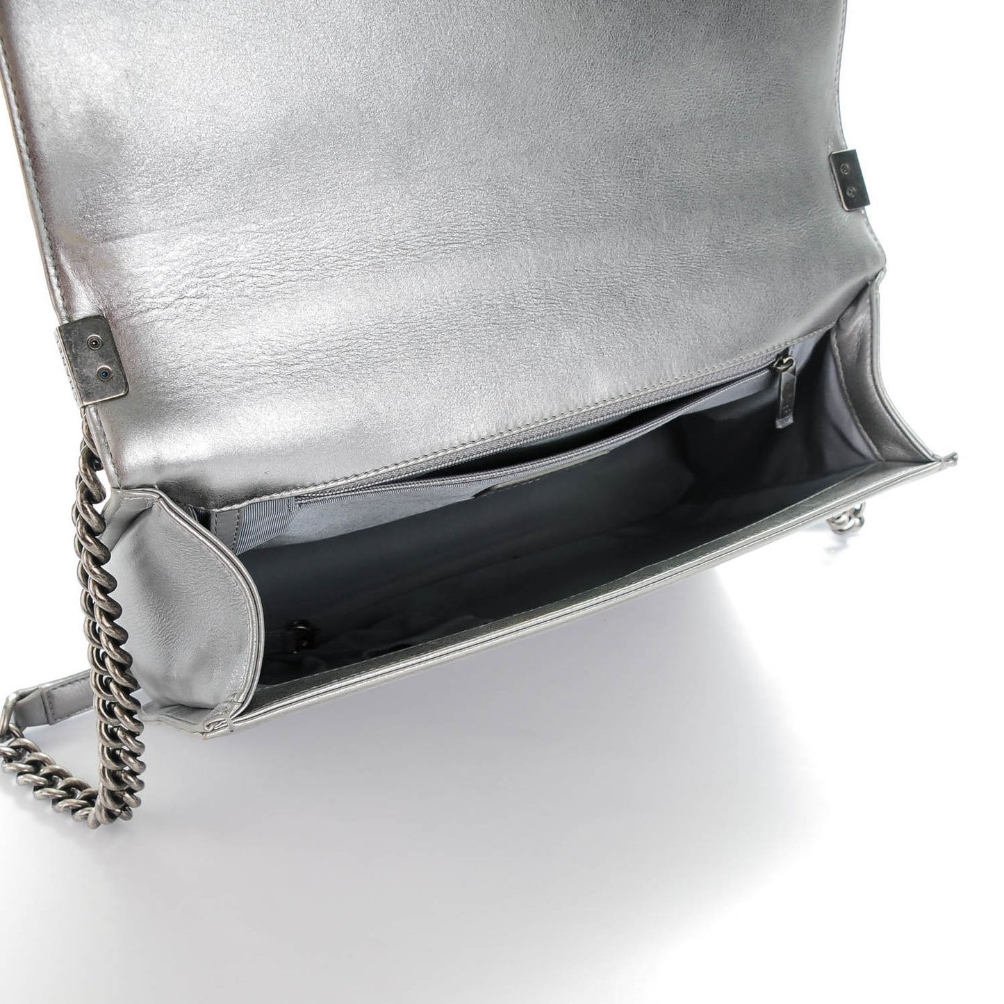 Metallic Calfskin Quilted Large Boy Flap Dark Silver