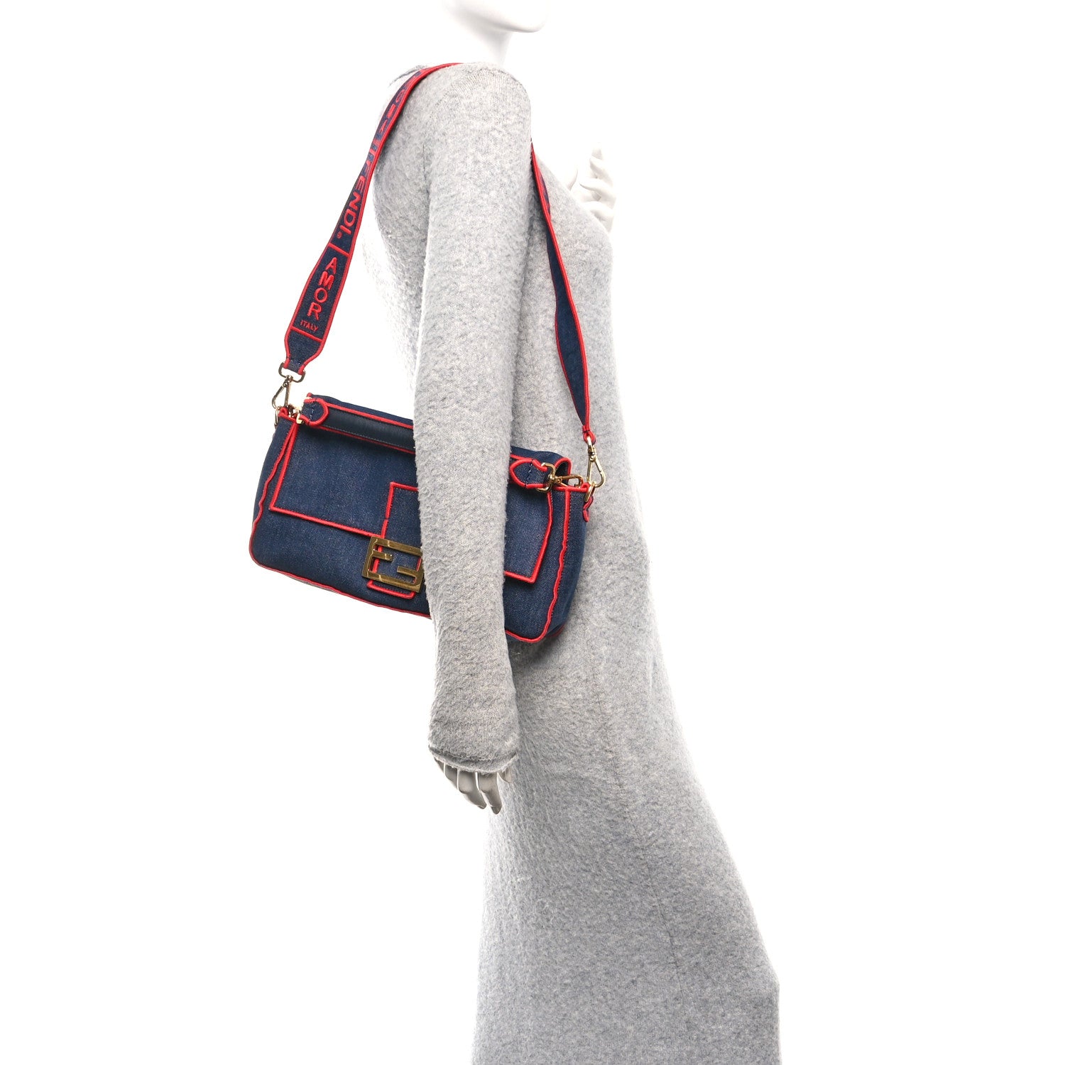 Fendi Denim Large Baguette Blue Rosso 2 of 16