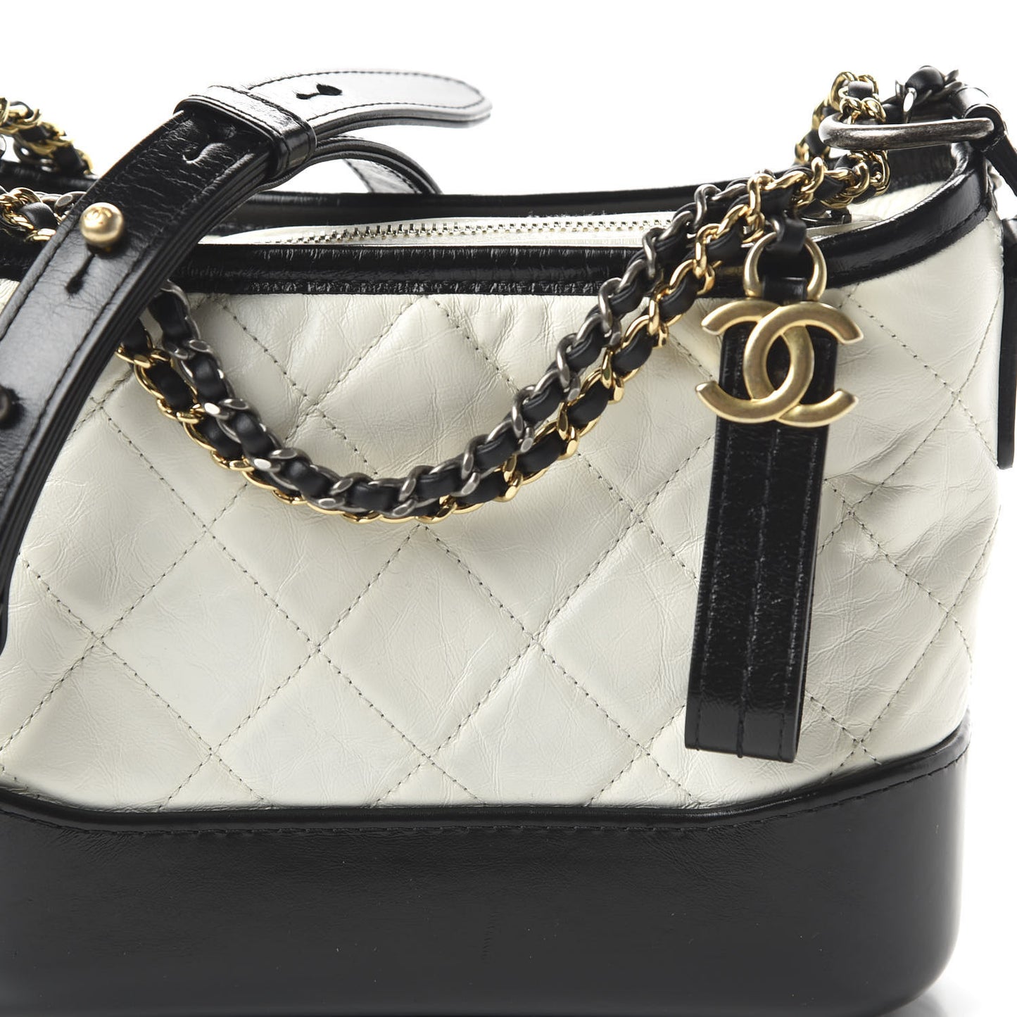 Aged Calfskin Quilted Small Gabrielle Hobo Black White