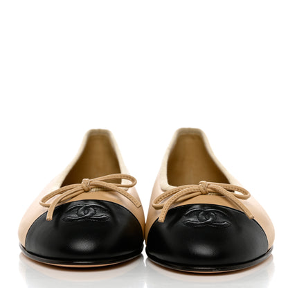 Chanel Lambskin Cap Toe CC Ballerina Flats 37.5 Beige Black 2 of 8