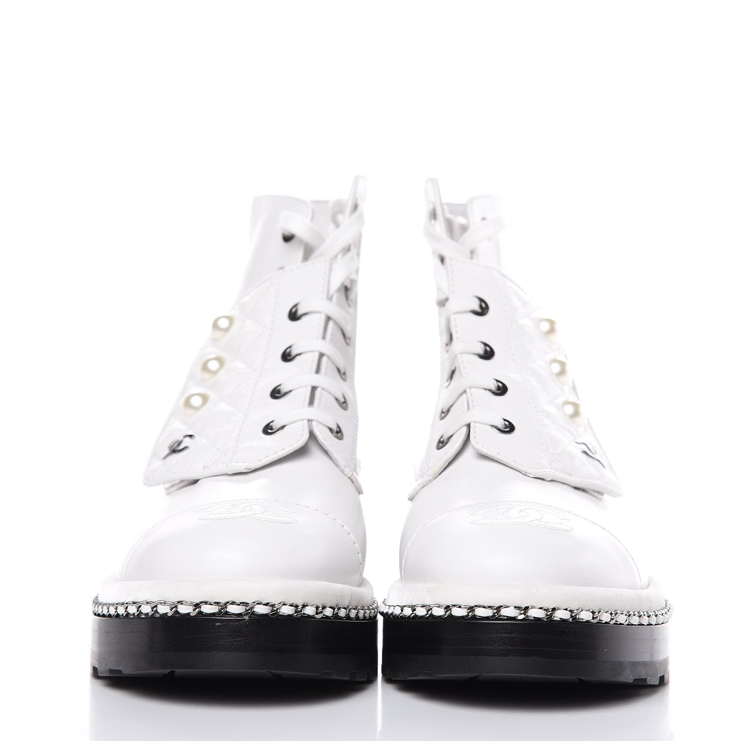 Chanel Crackled Calfskin Pearl Chain CC Combat Short Boots 36.5 White 2 of 8