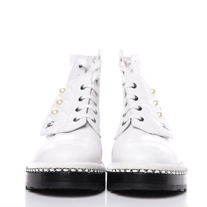 Chanel Crackled Calfskin Pearl Chain CC Combat Short Boots 36.5 White 2 of 8