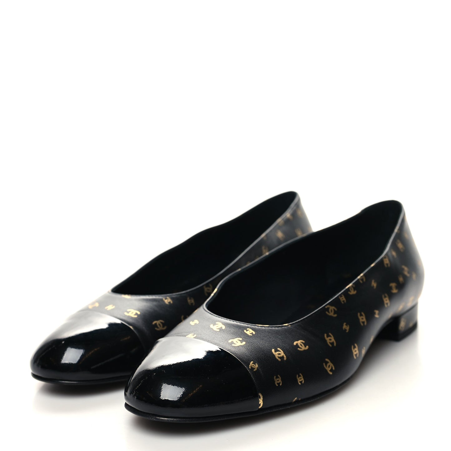 Lambskin Patent Calfskin Printed CC Cap Toe Ballerina Flats 39.5 Black Gold