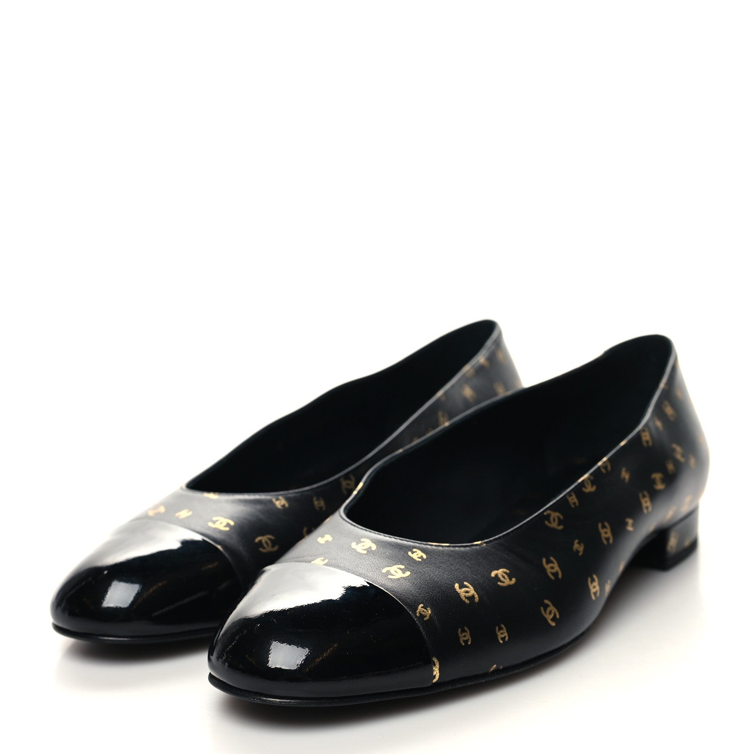 Chanel Lambskin Patent Calfskin Printed CC Cap Toe Ballerina Flats 39.5 Black Gold 3 of 9