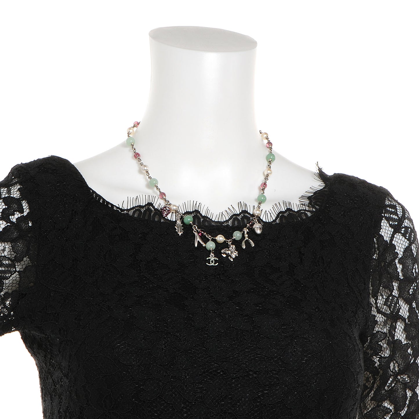 Beaded Charm CC Necklace Silver Multicolor
