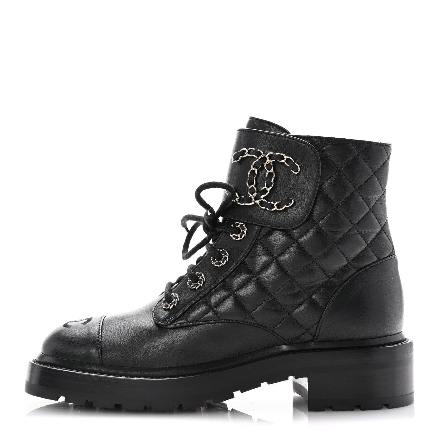 Chanel Shiny Goatskin Calfskin Quilted Lace Up Combat Boots 37 Black 1 of 10