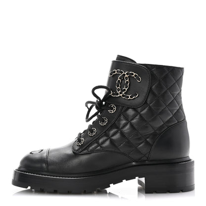 Chanel Shiny Goatskin Calfskin Quilted Lace Up Combat Boots 37 Black 1 of 10
