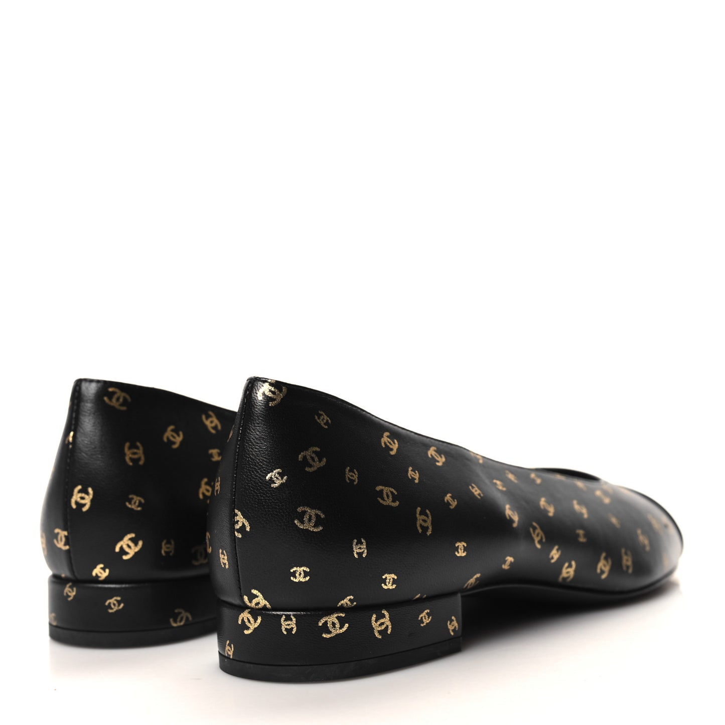 Lambskin Patent Calfskin Printed CC Cap Toe Ballerina Flats 38 Black Gold