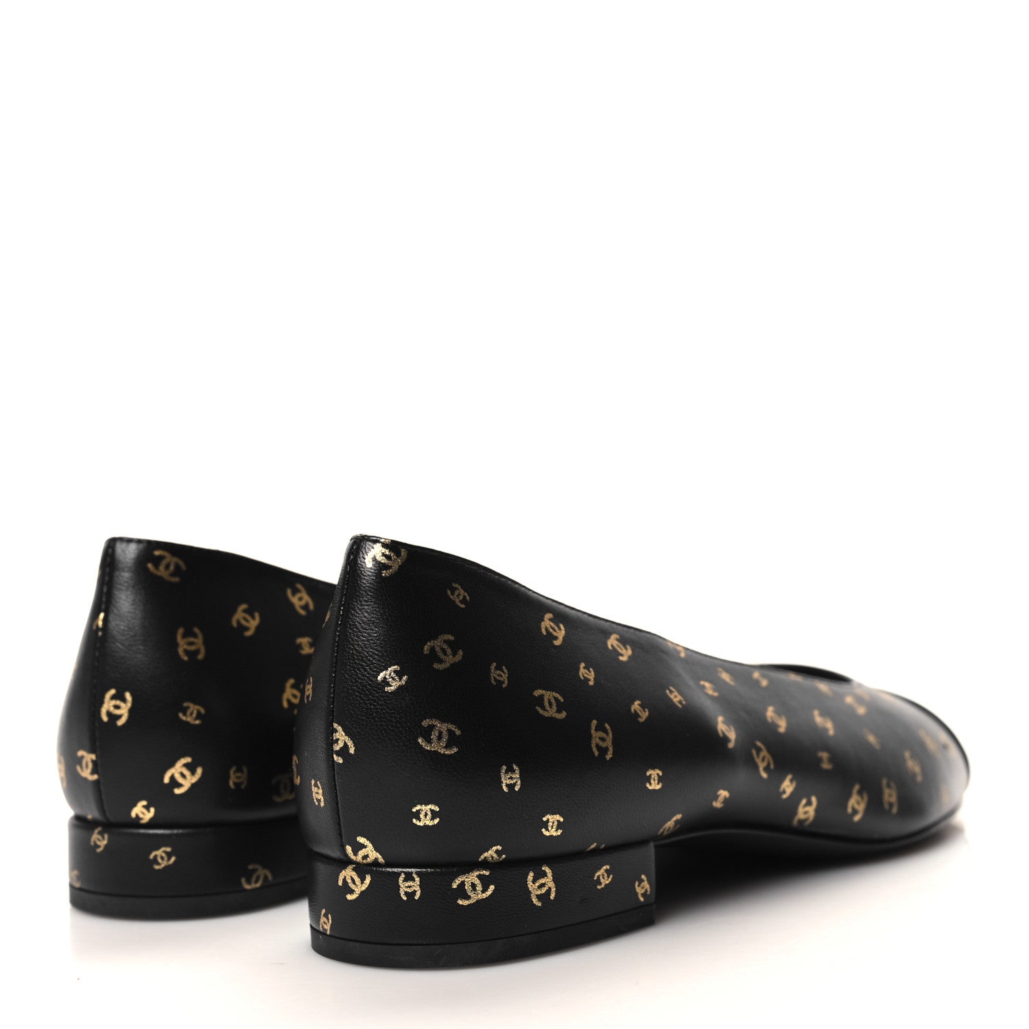 Chanel Lambskin Patent Calfskin Printed CC Cap Toe Ballerina Flats 38 Black Gold 4 of 9