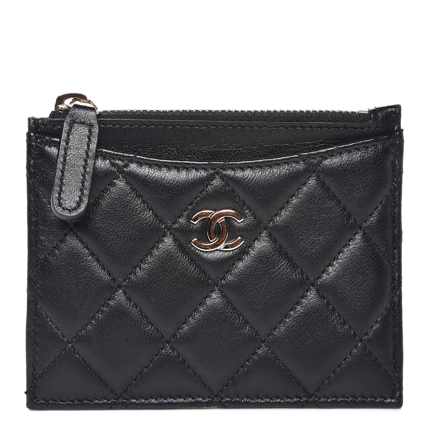 Lambskin Quilted Zip Card Holder Black